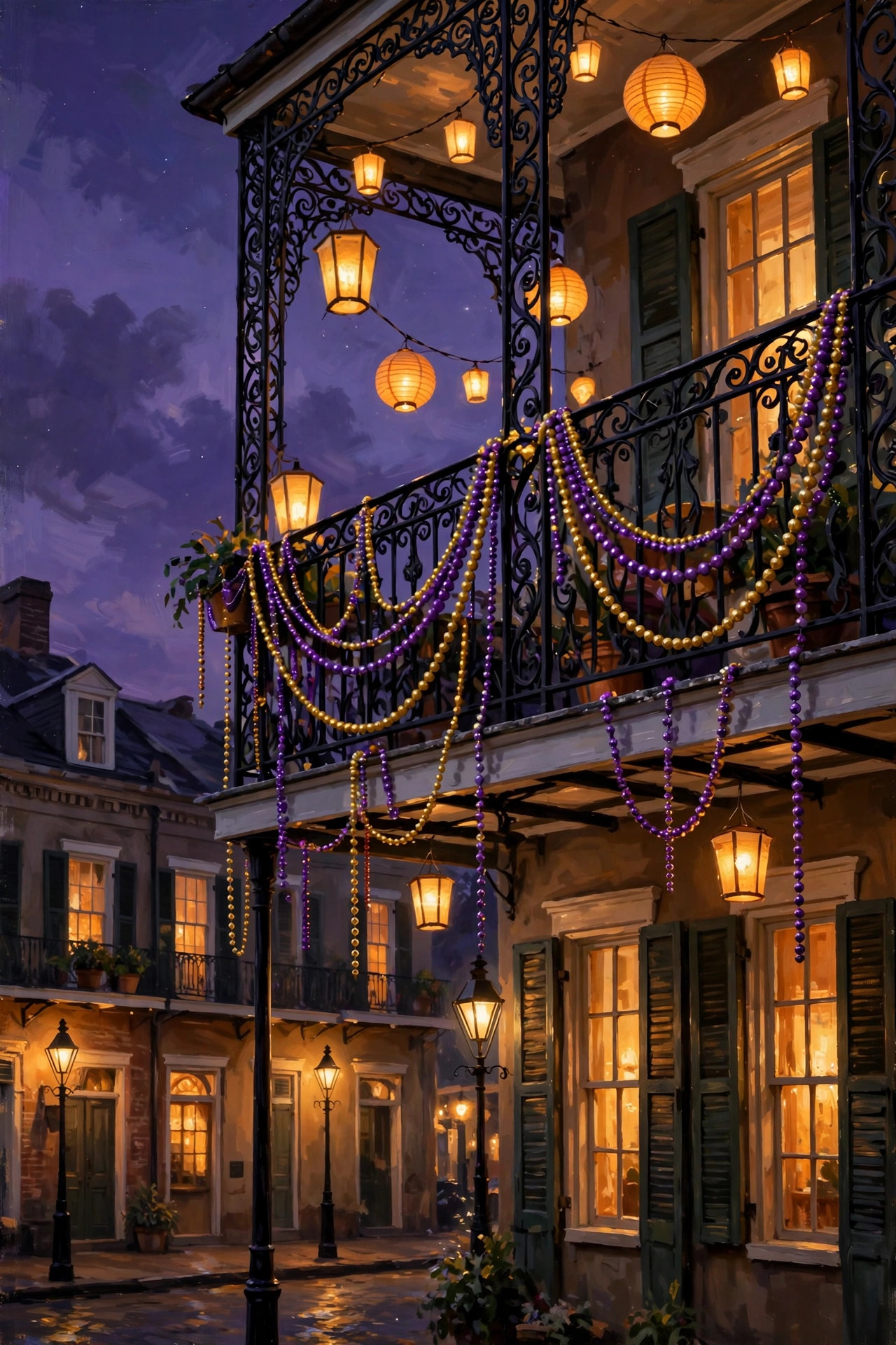 French Quarter balcony draped with Mardi Gras beads at purple dusk