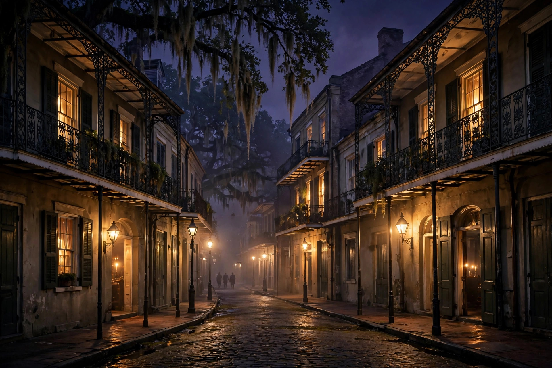 Old New Orleans French Quarter street at night, lamplight glowing in the windows